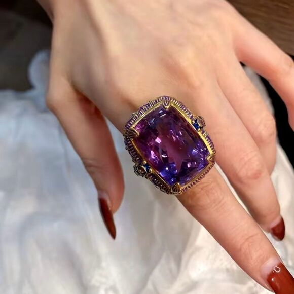 Vintage Inspired Large Amethyst Ring with Gold Detailing - Picture 1 of 5
